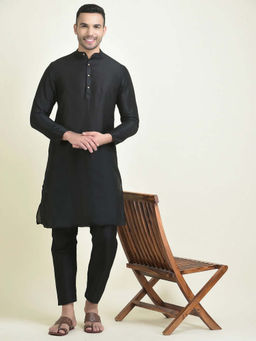 DEYANN - Men Cotton Blend Black Solid Kurta & Pyjama (Set of 2)