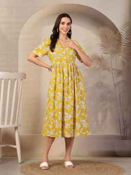 Zelena - Women Half Sleeves Rayon Floral Printed Maternity Zipless Feeding Dress