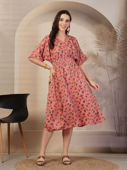Zelena - Women Half Sleeve Rayon Leaf Printed Maternity Zipper Feeding Dress