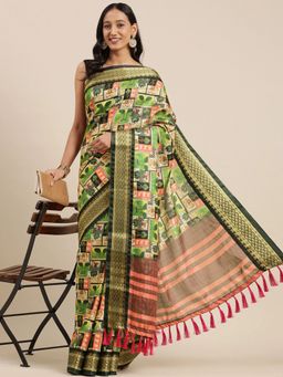 Vastranand - Green & Pink Kalamkari Print Uppada Saree with Unstitched Blouse