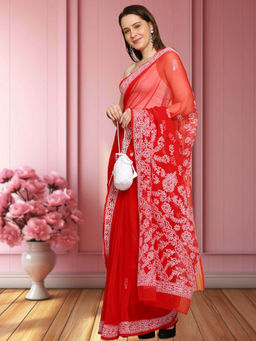 ADA - Hand Embroidered Red Georgette Lucknowi Chikankari Saree with Unstitched Blouse