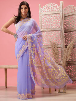 ADA - Hand Embroidered Blue - Yellow Georgette Lucknowi Chikankari Saree with Unstitched Blouse