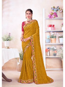 Laxmipati Sarees - Mustard Color Chiffon Saree with Unstitched Blouse