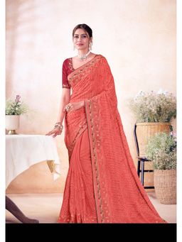 Laxmipati Sarees - Peach Color Chiffon Saree with Unstitched Blouse