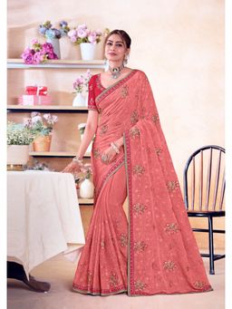 Laxmipati Sarees - Peach Color Chiffon Saree with Unstitched Blouse