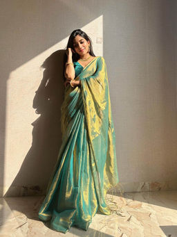 JATRIQQ - Rama Shaded Fendy Silk Saree with Unstitched Blouse