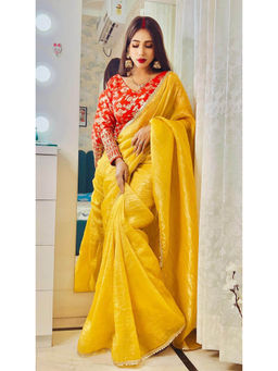 JATRIQQ - Attractive Yellow Fendy Silk Saree with Stitched Blouse