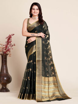 Anjaneya Sarees - Black Woven Designer Cotton Silk Saree with Unstitched Blouse