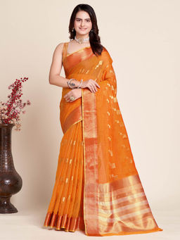 Anjaneya Sarees - Orange Woven Designer Cotton Silk Saree with Unstitched Blouse