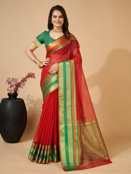 Anjaneya Sarees - Red Woven Designer Cotton Silk Saree with Unstitched Blouse