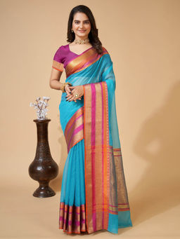 Anjaneya Sarees - Blue Woven Designer Cotton Silk Saree with Unstitched Blouse