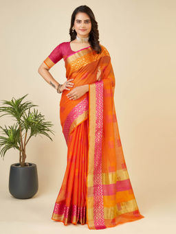 Anjaneya Sarees - Orange Woven Designer Cotton Silk Saree with Unstitched Blouse
