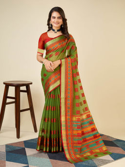 Anjaneya Sarees - Green Woven Designer Cotton Silk Saree with Unstitched Blouse