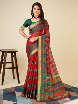 Anjaneya Sarees - Red Woven Designer Cotton Silk Saree with Unstitched Blouse