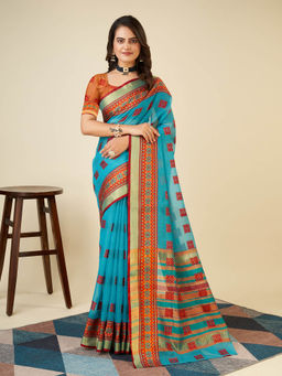 Anjaneya Sarees - Blue Woven Designer Cotton Silk Saree with Unstitched Blouse