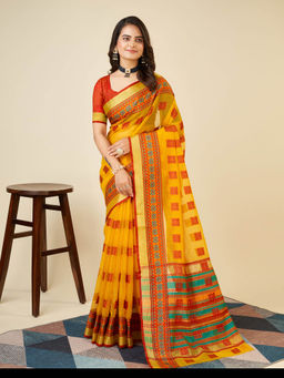 Anjaneya Sarees - Yellow Woven Designer Cotton Silk Saree with Unstitched Blouse