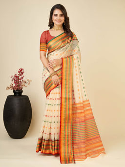 Anjaneya Sarees - Cream Woven Designer Cotton Silk Saree with Unstitched Blouse