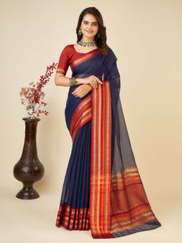 Anjaneya Sarees - Navy Blue Woven Designer Cotton Silk Saree with Unstitched Blouse