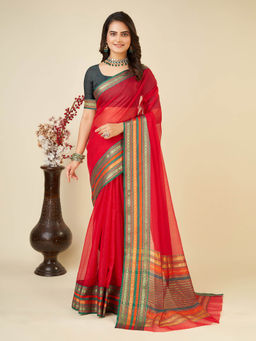Anjaneya Sarees - Red Woven Designer Cotton Silk Saree with Unstitched Blouse
