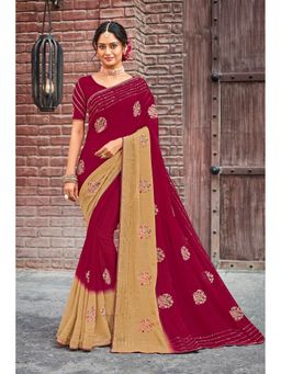 Laxmipati Sarees - Maroon & Beige Color Chiffon Saree with Unstitched Blouse