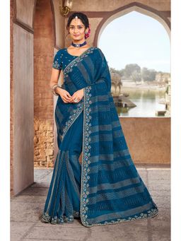 Laxmipati Sarees - Teal Color Chiffon Saree with Unstitched Blouse