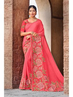 Laxmipati Sarees - Coral Orange Color Chiffon Saree with Unstitched Blouse