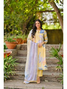 Mahee Jaipur - Yellow Bloom Muslin Spread Thread Work Kurta with Pant and Dupatta (Set of 3)