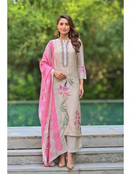 Mahee Jaipur - Muslin Beige Bloom Print Anarkali Kurta with Palazzo and Dupatta (Set of 3)