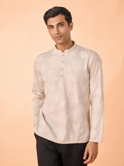 Manyavar - Beige Printed Linen Blend Kurta