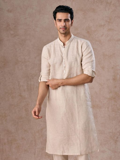 Manyavar Beige Solid Linen Kurta