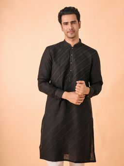 Manyavar - Black Embroidered Linen Kurta