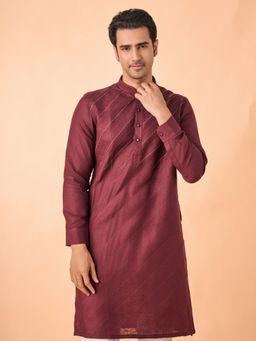 Manyavar - Wine Embroidered Linen Kurta