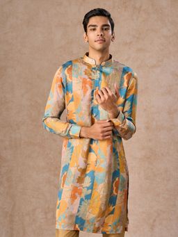 Manyavar - Yellow Abstract Satin Kurta