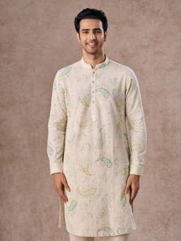 Manyavar - Cream Paisley Cotton Blend Kurta