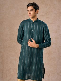 Manyavar - Blue Textured Linen Kurta