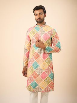 Manyavar - Beige Printed Cotton Blend Kurta