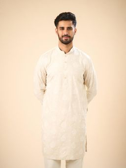 Manyavar - Beige Embroidered Linen Blend Kurta