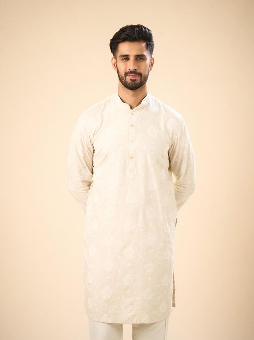 Manyavar Beige Embroidered Linen Blend Kurta