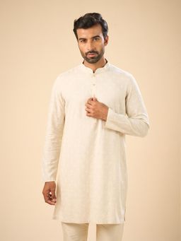 Manyavar - Beige Embroidered Linen Blend Kurta