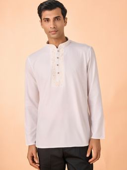 Manyavar - White Embroidered Cotton Blend Kurta