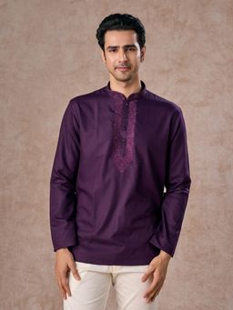 Manyavar - Purple Embroidered Cotton Blend Kurta