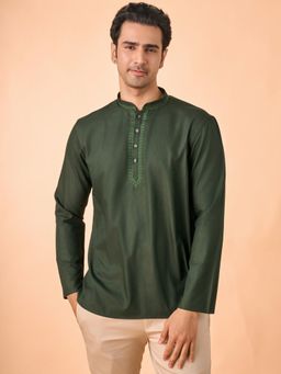 Manyavar - Green Embroidered Cotton Blend Kurta