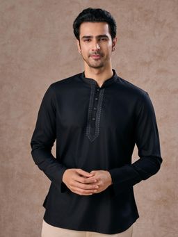 Manyavar - Black Embroidered Cotton Blend Kurta