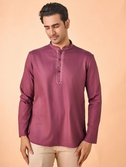 Manyavar - Purple Embroidered Cotton Blend Kurta