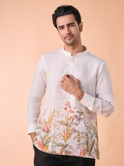 Manyavar - White Printed Linen Blend Kurta