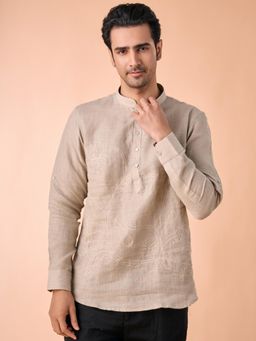 Manyavar - Beige Printed Linen Blend Kurta