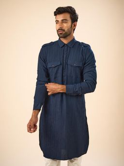 Manyavar - Blue Solid Spandex Kurta