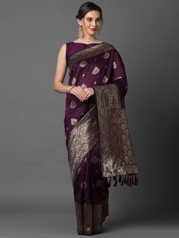 Akhilam - Wine Festive Silk Blend Woven Design Saree with Unstitched