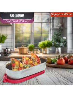 Signoraware - Flat Stainless Steel Oval Container - 650Ml - Red