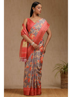 Soch - Womens Grey Art Silk Floral Print Saree with Unstitched Blouse